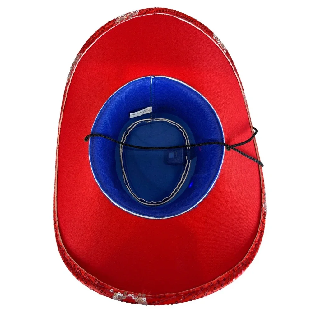 Patriotic LED Light Up Sequin Cowboy Hat Red White Blue Stars 4th of July Party